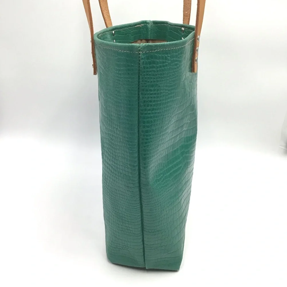 Handmade Tote Bag croc embossed green tan leather large handbag New